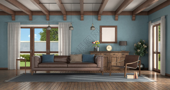 皮革古典式客厅有现代手椅皮沙发和背景的旧侧面板3D制成蓝墙的经典式客厅室内植物老的图片
