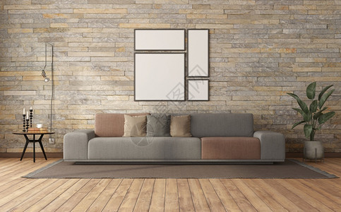 建筑学居住现代客厅有沙发咖啡桌和石墙对面的灯3D使最起码的客厅与石墙对面的沙发空白图片