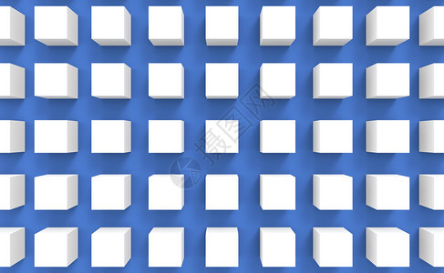 建筑学现代的简单3d将小型白色立方体盒放在蓝墙设计背景上图片