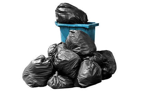 回收的蓝垃圾Bin塑料袋在原白色上隔离的堆积物衬垫黑色的图片