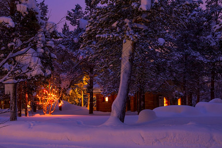 清晨在冬季森林中树后面的木屋圣诞园地和冬林野营中的很多雪清晨之夜圣诞节景观白色的图片
