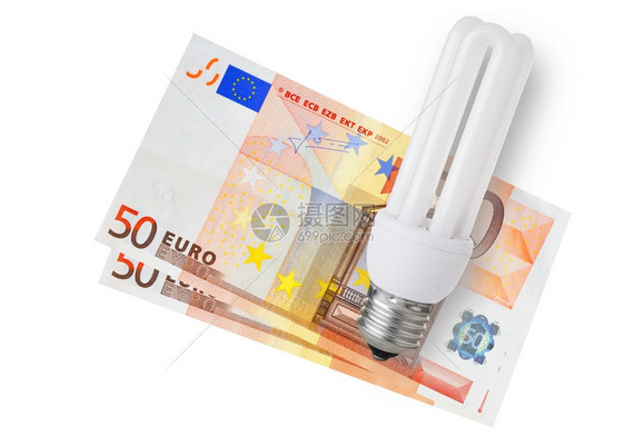 商业绿色新的白底欧元钞票上的节能灯泡图片