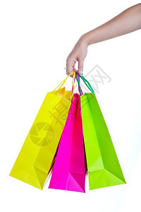 手持购物袋的直升机以明亮的春光彩色在白背景上春天购买消费者图片