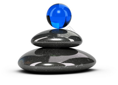 堆叠的两个黑石子堆在白色背景上蓝玻璃球位于幸福或和谐放松概念的顶级3D符号PebblesStack卵石成功图片
