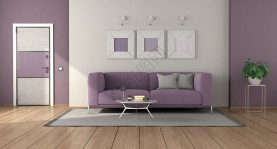 房间活的现代客厅地毯上有紫色沙发背面有前门3D制成白色和紫现代客厅渲染图片