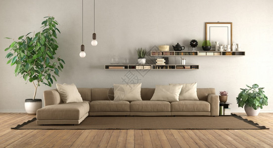 棕色沙发白色墙上有沙发和架子的现代客厅3D制成配沙发和架子的现代客厅居住装饰风格渲染设计图片