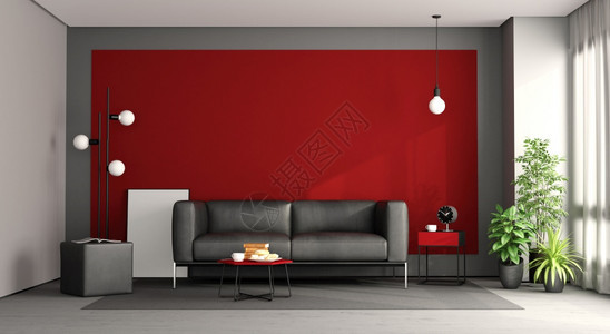 皮革用黑沙发对着红墙的客厅3D为黑沙发的客厅桌子居住图片