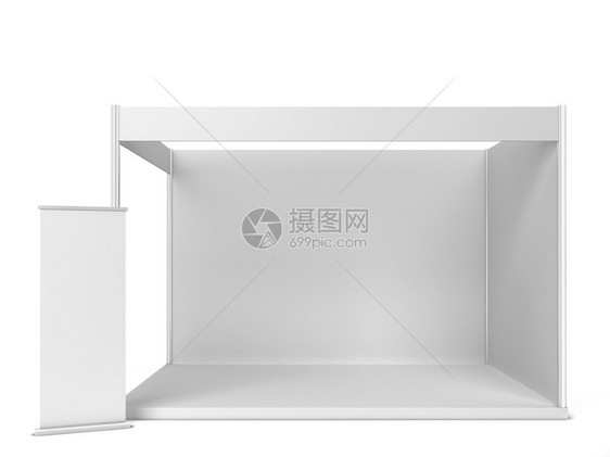 促销以白色背景孤立的3D插图标语进行交易展示的台市场柜图片