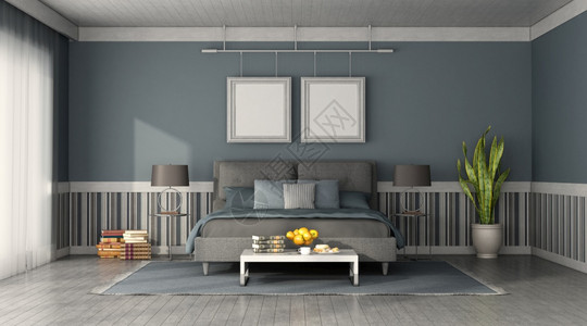 框架地毯蓝色和灰双床的现代卧室前视线3D为前沿对现代卧室的视图背景图片
