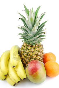 树叶新鲜水果菠萝橙子香蕉白底孤立的芒果等甜点多汁的图片