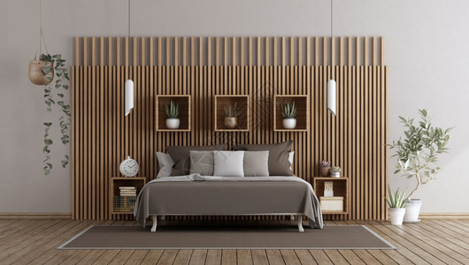家镶木地板现代卧室配有双床的制木板面3D为主卧室配有床制木板面优雅的图片