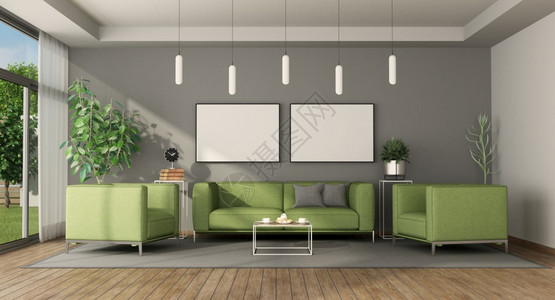 窗帘配有绿色沙发和扶臂椅的现代客厅3D制成配绿色家具的现代客厅窗户水平的图片