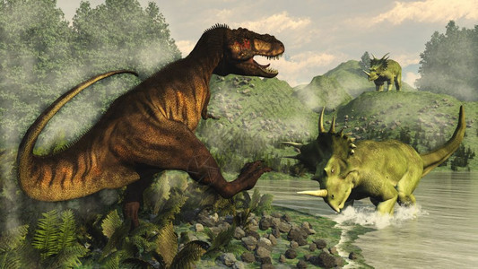暴龙史前霸王在白天与styracosaurus恐龙战斗在picea和nipa植被旁边3D渲染霸王龙与恐战斗渲染白垩纪图片