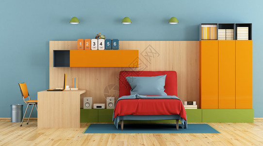 椅子孩现代的青少年卧室青少年卧室单张床办公桌笔记本和木制板3d的架子图片