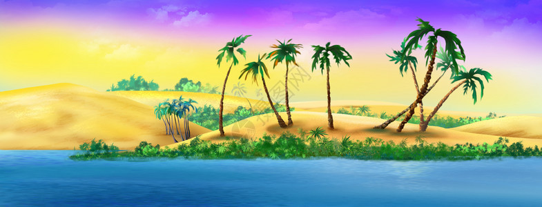 云桑迪河岸棕榈树上的山迪河岸数字绘画背景卡通风格插文说明颜色卡通片图片