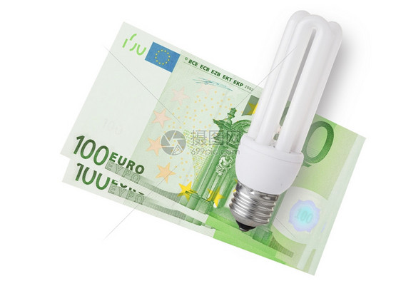 储蓄者财富效率白色背景的欧元帐单上坚暴保护灯泡图片