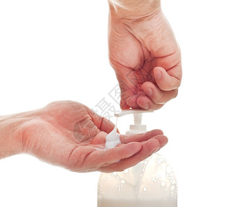 白种人年轻的用色背景液肥皂洗手用白底图片