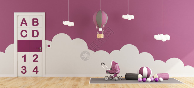 苗圃热的数字紫色女婴儿游戏室紫色女婴儿游戏室配有木雕热空气球和闭门玩具的图片
