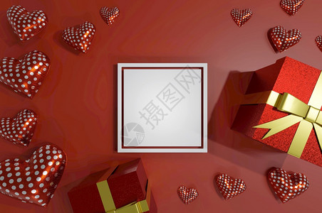 最佳框架3D图象红背景的礼物盒和心白框红背景面明亮图片