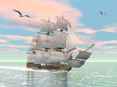海鸥旁边的美丽明细旧商船由色彩多的日落天空环绕旧商船3D水形象的海洋图片