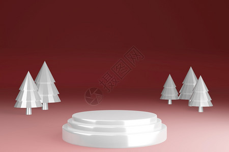 白色圣诞树在红背景展示3D制成的红色树上玻璃纹质空白的垫状产品抽象座白色图片