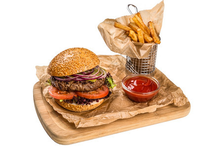 菜单热的提供餐盘食堂带肉的汉堡木板上煎土豆食物图片