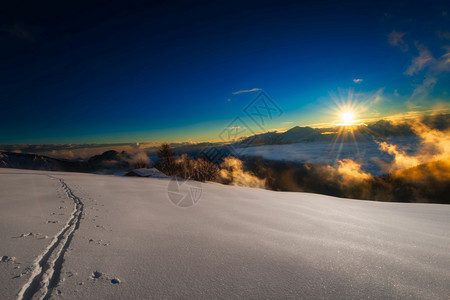 阿尔卑斯山日落时滑雪足迹荒野首脑图片