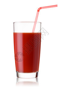 高的杯番茄汁上面有红稻草在白色背景上隔绝的红稻草长杯番茄汁上面有红稻草乡村果汁图片