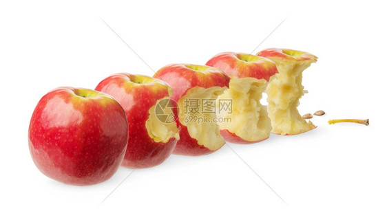 吃过新鲜的全苹果被轻微咬伤测试可能吃掉几乎已经白色背景隔离吃掉消费支出用和过程阶段的概念营养种子图片