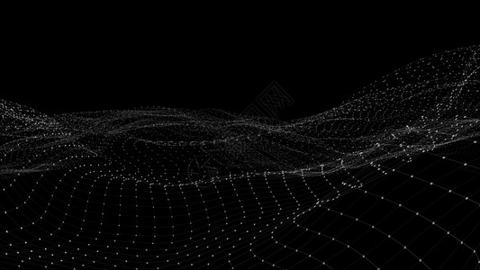 由点粒子和网状组成的远期背景空间中抽象数字波和亮平方颗粒的3D交接数据量巨大几何的抽象噪音背景图片