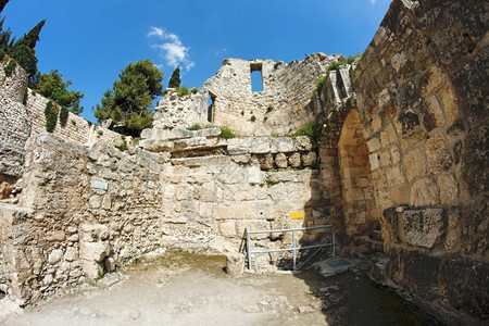 纪念碑耶路撒冷圣安妮教堂附近拜占庭和Bethesda游泳池废墟墙壁眼睛图片