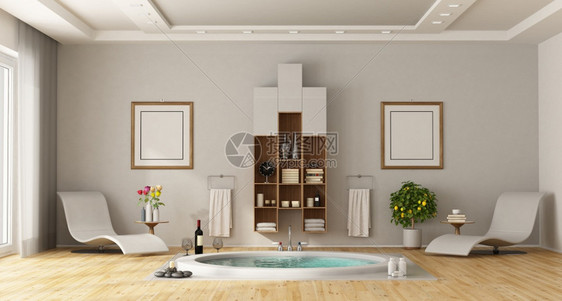 豪华浴室内置圆周缸沙发休息室和墙壁上的柜子3D铸造豪华浴室和内置圆桌缸建筑学优雅渲染图片