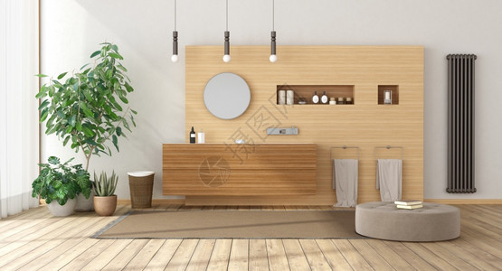 装饰风格配备木制家具脚凳和散热器的最小厕所3D用木制家具为最起码浴室提供木制家具利基市场优雅的图片
