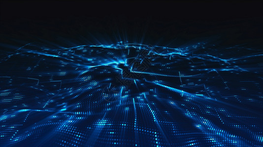 蓝色数字粒子波流和光数字网络空间抽象背景白色的联系流动图片