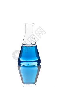 科学目的药品白色背景上蓝的测试瓶图片