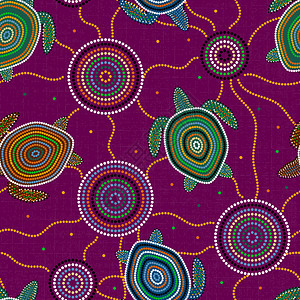 插图澳大利亚土著艺术点画海龟和水母无缝图案紫色背景澳大利亚土著艺术海龟和水母无缝图案紫色背景的圆圈图片