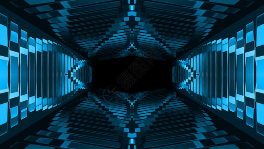有创造力的目几何3d使现代未来黑暗方格具有蓝色光束隧道墙壁或地板设计背景的远古暗方格图片