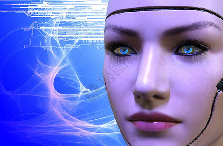 机械的眼睛超现实主义3D一个女机器人的3D翻版用电子路在蓝色背景上面对一个女机器人图片