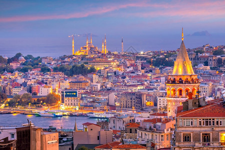 景观欧洲历史日落时土耳其伊斯坦布尔市中心城风景与Glalaga塔图片