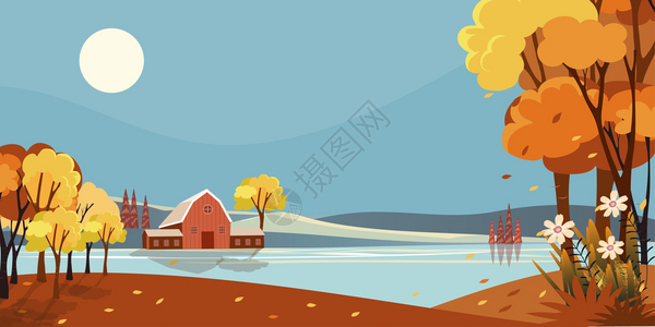 场景秋天的乡村色奇幻全秋天的中风景与湖边农舍共渡秋天阳光和蓝空在湖边秋天的橙树叶落山季节神奇仙境风景观落下图片