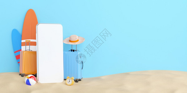 太阳镜行李夏季购物在线概念智能手机模型配有沙子旅行附件3D插图图片