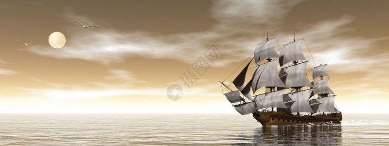 桅杆商人优质的紧靠海鸥美丽明细旧商船棕色日落3D图片