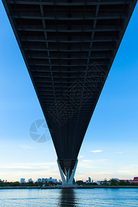 自然旅行横跨大水面的桥梁向蓝色天空反射城市大楼对面银行图片