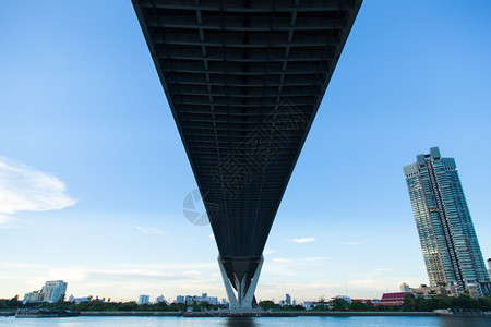 亚洲横跨大水面的桥梁向蓝色天空反射城市大楼对面一种高清图片