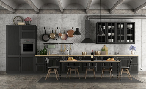 Retro黑厨房内装有餐桌3D里装是Retro黑厨房桌子内部的地面图片