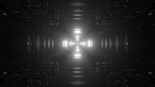 圆圈电的3d插图黑色和白虚拟圆环暗隧道的黑白抽象视觉背景其中心有彩光横形荧灯反射为未来隧道其光效果为3d插图科学图片