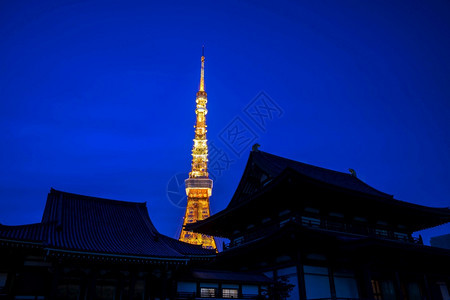 佛教徒入口亚洲人日本东京塔背景的柔州寺观图片