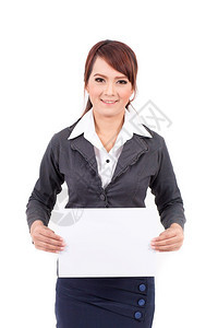 木板亚洲保持快乐笑的年轻商业女拿着空白牌在背景上图片