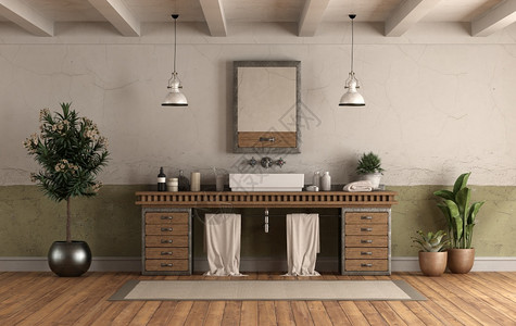 水平的Retro风格的家用洗手间在旧木制柜子上装水槽3D提供Retro风格的家用洗手间和水槽镶木地板脸盆图片