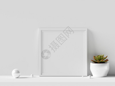 白色的3D插图用植物制成的最小照片框架模型放荡不羁的墙图片